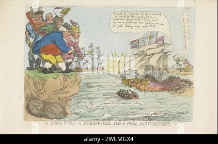 La flotta olandese riuscì a cavalcare lo sforzo congiunto, nel 1813, Thomas Rowlandson, 1813 stampe Cartoon su Napoleone dopo la sua perdita dell'Olanda nel 1813. Gli alleati (Inghilterra, Spagna, Russia, Prussia et al.) Da una scogliera insieme alle corde insieme alle corde (su una bandiera c'è la "flotta di Texel") di nuovo senza intoppi da Texel. Le navi sono servite dagli olandesi che aiutano anche a terra a spingere le navi in acqua. Sull'acqua anche uno sloop olandese. In basso a sinistra della scogliera ci sono due barili di gin olandese. A destra Napoleone e suo fratello Giuseppe sono preoccupati per le loro perdite dall'Olanda e dalla Spagna. Nella o Foto Stock