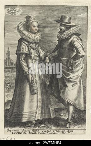 Giugno: Alcuni dalla Spagna, 1604 - 1670 uomo e donna dalla Spagna, vestiti secondo la moda di circa 1620: Entrambi con un ampio rimedio pieghettato. Sullo sfondo una torre della chiesa e un hayog. In alto a sinistra il segno dell'aragosta. A margine una didascalia bidirezionale in latino sulla posizione della Spagna vicino all'Africa e il caldo nel mese di giugno. Stampa di una serie con i dodici mesi mostrati dai segni dello zodiaco e delle coppie che indossano abiti provenienti da diversi paesi. abiti per incisione di carta, costume (+ abiti da uomo). vestiti, costume (+ abiti da donna). Abito, abito (VLIEGER) (+ donne c Foto Stock