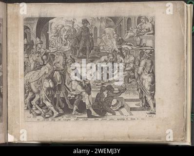 Adorazione dei Re, 1558 - 1562 stampa i tre re arrivano per adorare il bambino di Cristo. Un re si inginocchia per il bambino. La sua corona è a terra. Sullo sfondo il re nero con il suo entourage. A destra in primo piano il terzo re con il suo dono. Maria e Giuseppe sono con Cristo sotto un monumento con un'immagine d'amore (Caritas). Sotto la performance un testo esplicativo in latino. Questa stampa fa parte di un album. Incisione di carta David e Abigail (1 Samuele 25) Foto Stock