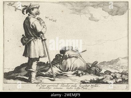 Due ragazzi, Cornelis Bloemaert (II), dopo Abraham Bloemaert, dopo la stampa del 1625 circa Un ragazzo guarda la vista, un altro giace accanto a lui sul pavimento. Con didascalia latina bidirezionale. Incisione su carta Pastorale, Arcadia Scene Foto Stock