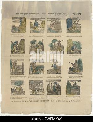 La stampa di Deez mostra piccoli e grandi, / di sciocchi Robinson den Nood / Heavy ha finito la sua grigliata, / ma la fine del bene, corona tutto bene, 1832 - 1850 stampe Foglia con 16 esibizioni della storia di Robinson Crusoe che si snoda su un'isola. Sotto ogni immagine un verso bidirezionale. Numerato in alto a destra: N. 27. Stampa su carta letterpress (scene tratte da) opere specifiche di letteratura: Defoe, Robinson Crusoe Foto Stock