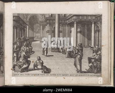 Pennarello della vedova, 1570 - 1574 stampa nel tempio è a sinistra in primo piano Cristo, che indica due dei suoi allievi ad una vedova povera e velata. Le persone riccamente vestite camminano sul sacrificio per buttarci un sacco di soldi. La vedova ha gettato solo due monete, ma secondo Cristo è più che ricco, perché ha dato la sua povertà. Sotto la performance un riferimento in latino al testo biblico nel 12 marzo. Questa stampa fa parte di un album. Incisione di carta dell'acaro della vedova: Cristo attira l'attenzione dei discepoli su una donna che mette alcune monete nel portabagagli del tempio (ma Foto Stock