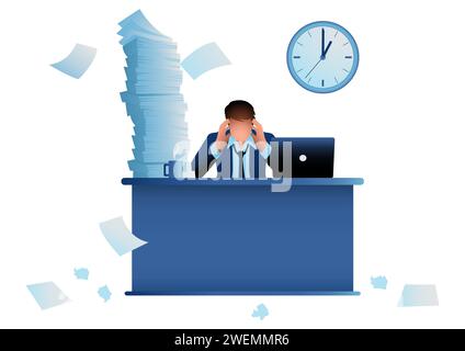 Illustrazione vettoriale del concetto di business di un uomo d'affari stressante seduto alla scrivania dell'ufficio che lavora straordinari con un lavoro sovraccarico Illustrazione Vettoriale