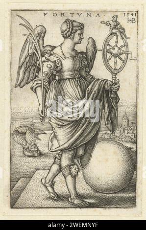 Fortuna, Hans Sebald Beham, 1541 stampa Winged Woman come personificazione di fortuna (Fortuin) con la ruota della fortuna e una figura speranzosa in cima alla ruota. Incisione di carta fortuna, fortuna, lotto; "Fato", "fortuna", "Aurea Fortune", "Good Luck", "Peace Luck overo Clemente", "fate" (Ripa) Foto Stock