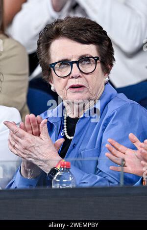 Melbourne, Australia. 25 gennaio 2024. Billie Jean King durante l'Australian Open AO 2024 Grand Slam Tournament il 25 gennaio 2024 a Melbourne Park, Australia. Foto di Victor Joly/ABACAPRESS.COM Credit: Abaca Press/Alamy Live News Foto Stock