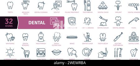 Pacchetto icone dentali. Trattamento effettuato da un dentista, compresi esami, otturazioni, corone, estrazioni Illustrazione Vettoriale