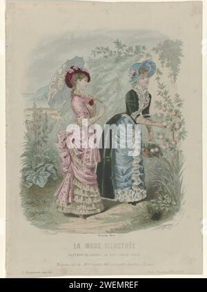 Illustrated Fashion, Family Journal, domenica 20 agosto 1882, No. 34: Toilets de la Mon. Fladry (...), 1882 due donne raccolgono frutta, vestite con abiti in stile 'Tapissier'. Secondo la didascalia, gli abiti di Maison Fladry, successore di Coussinet. Stampa dalla rivista di moda la Mode Illustrée (1860-1937). Descrizione estesa dell'abbigliamento a pagina 266 e 267 "Descrizione dei servizi igienici". lastre di moda per incisioni in carta. abito, abito (+ abiti da donna). copricapo: cappello (+ abiti da donna). abbigliamento da collo  (+ abiti da donna). Guanti, guanti (GUANTI LUNGHI) (+ abiti da donna). pa Foto Stock