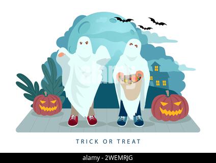 I bambini fanno scherzetti o coccole nella notte di Halloween, indossando costume fantasma con borsa di caramelle. Illustrazione di cartoni animati vettoriali per il divertimento delle vacanze autunnali Illustrazione Vettoriale