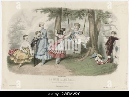 Moda illustrata, 1867, No. 29: Costumi per bambini, 1867 cinque ragazze, una delle quali siede su un altalena, in un parco. Un ragazzo con un cerchio in mano, si appoggia contro una balaustra. Stampa dalla rivista di moda la Mode Illustrée (1860-1937). lastre di moda per incisioni in carta. abito, abito (+ vestiti per bambina/ragazza). copricapo: cappello (+ vestiti per bambina/ragazza). abbigliamento per la parte superiore del corpo (+ vestiti per bambine). gonna (+ vestiti per bambina/ragazza). stivali (+ vestiti per bambina/ragazza). ombrellone, ombrellone (+ vestiti per bambina/ragazza). collana (+ vestiti per bambina/ragazza). pantaloni, pantaloncini, ecc. (BREECHES) (+ vestiti per bambini). indumenti per la parte superiore di Foto Stock