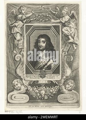 Ritratto di Don Juan II d'Austria, Frederik Bouttats (i), 1656 - 1676 stampa Ritratto in una lista ottagonale di Don Juan II d'Austria, governatore dei Paesi Bassi meridionali. Busto a sinistra. Don Juan indossa un'armatura. Il ritratto si trova in una cornice rettangolare tra due angeli. Entrambi hanno una tromba e tengono una corona di alloro sopra il ritratto. La stampa ha una didascalia latina con il nome della persona ritratta. Cupidi per incisione su carta: 'Amores', 'Amoretti', 'Putti' Foto Stock