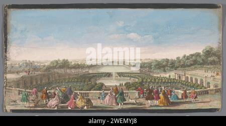 Veduta degli alberi di arancio per l'orangerie della Reggia di Versailles, Anonimo, 1700 - 1799 stampa nel margine inferiore una regola di testo francese. carta. cartone. acquerello (pittura) acquerelli/alberi di pennello: arancio. giardino. fontana del giardino. piante ornamentali. Serra, giardino d'orangerie di Versailles. Orangery Foto Stock