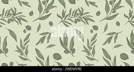Motivi senza cuciture con rametto d'oliva in un moderno stile minimalista. Sfondi vettoriali floreali per inviti a nozze, biglietti d'auguri, stampa su tessuto, Illustrazione Vettoriale