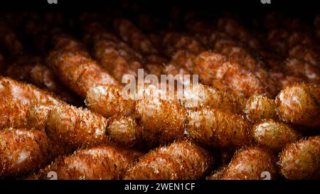 Villi intestinali, microvilli rossi in un tratto intestinale. Primo piano, Microbiologia, anatomia, biologia, scienza, concetti di medicina, medicina e sanità, Foto Stock