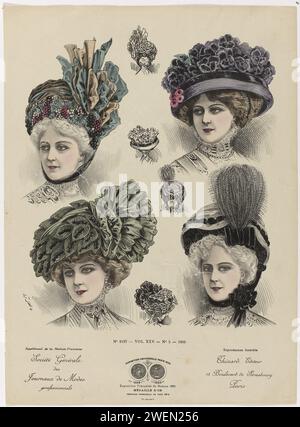 Société Générale des Journaux de Modes Professionnel 1909, No. 9197, vol. XXV, N. 5, 1909 quattro teste da donna con cappelli diversi, oltre a una piccola linea che disegna dal retro. In alto a sinistra: Cappello con pneumatico sotto il mento, decorato con grappoli d'uva. In alto a destra: Cappello rotondo viola decorato con violette. In basso a sinistra: Cappello verde vesrierd con foglie (?). In basso a destra: Cappello con fiocco, decorato con fiocco nero e aigrette. Stampa dalla rivista di moda Société des Journaux de Modes Réunis (1847 -...?). targhe di carta. copricapo: cappello (+ abiti da donna). fiori Foto Stock