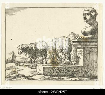 Two Schapan Near Drinking Bank, Marcus de Bye, 1664 stampe di carta che incide le pecore Foto Stock