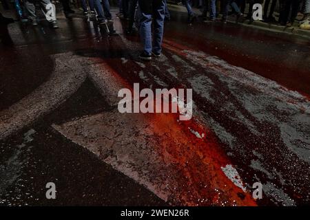 I manifestanti anti anti-governativi camminano sull'acqua colorata rossa che hanno versato per la strada come famiglia e sostenitori di ostaggi israeliani tenuti a Gaza dagli attacchi del 7 ottobre di Hamas manifestano vicino alla casa privata del primo ministro Benjamin Netanyahu promettono di rimanere lì fino a quando non accetta un accordo per liberare gli ostaggi israeliani tenutosi nella Striscia di Gaza il 22 gennaio 2024 a Gerusalemme, Israele Foto Stock