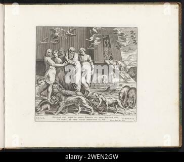 Noè lascia l'arca dopo l'alluvione, Cesare Fantetti, dopo Rafaël, stampa del 1675 Noè e la sua famiglia lasciano l'Arca insieme a tutti gli animali. Versi della Bibbia sotto lo spettacolo. La stampa fa parte di un album. Carta che incide lo sbarco  storia di Noè (Genesi 8:18 - 9:17) Foto Stock