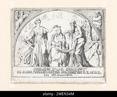 Allegoria del 50° anniversario di Johann Gottfried Schadow come rettore e direttore della Royal Academy di Berlino, 26 gennaio 1838, Adolph Menzel, 1838 stampa allegorie in occasione del 50° anniversario di Johann Gottfried Schadow come rettore e direttore della Royal Academy di Berlino, 26 gennaio 1838. Schadow è sullo sfondo da una musa e dal tempo con le ghirlande. ritratto in cartone, autoritratto dell'artista. ritratto, autoritratto dello scultore. Padre tempo, uomo con ali e falce Foto Stock