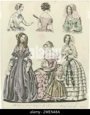 The World of Fashion, 1847 : The Last & New (...)Morning Dresses, 1847 The Last and New Models of 1847 from London and Paris. Camici mattutini a maniche lunghe e pieghe sommerse. Gonne larghe con strisce pieghettate. Accessori: Tende da sole con fiori e/o velo, fazzoletto, ventola, guanti, ombrellone pieghevole (?), Ceintuur. Abbigliamento per bambini: Abito a scacchi e fiori. Stampa dalla rivista di moda The World of Fashion (1824-1891). lastre di moda per incidere la carta. abito, abito: abito mattutino (+ abiti da donna). abbigliamento da collo  (+ abiti da donna). Guanti, guanti (GUANTI LUNGHI) (+ GUANTO Foto Stock