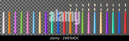Set di candele di cera colorate. Candele per torte di compleanno isolate su sfondo trasparente. Candele per le vacanze con fiamme brucianti. Realistico 3d Vector illust Illustrazione Vettoriale