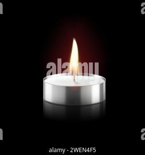 Candela brucia. Candela Tea Lights. Mini candele Tealight per la decorazione della casa. Paraffina o cera d'api bianca senza gocce e a lunga durata. Retro nero isolato Illustrazione Vettoriale