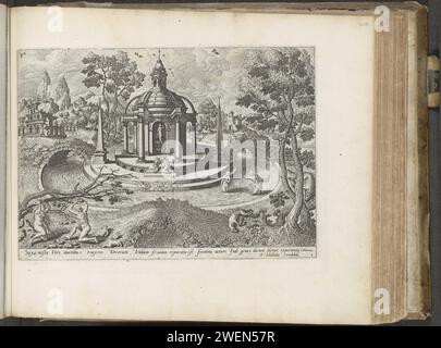 Deolion en pyrrrha, 1653 - 1654 stampa Deucalion e Pyrrha sono nell'acqua di una grande inondazione che ha distrutto la terra. Nel mezzo si inginocchiano per un oracolo in un tempio. L'oracolo consiglia loro di gettare pietre dietro di loro. Lo fanno in primo piano. Le pietre cambiano in bambini. Sotto la mostra il testo delle Metamorfosi di Ovidio, Libro 1, versi 411-414. In alto a sinistra il segno dell'ariete dello zodiaco. La stampa fa parte di un album. La carta incide l'alluvione di Deucalion; Giove invia una grande alluvione per distruggere l'umanità; Deucalion e Pyrrha a galla. Deucalion e Pyrrha Foto Stock