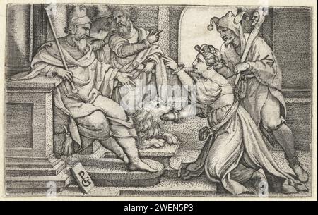 Donna spiega la sua innocenza, Georg Pencz, stampa 1533 - 1534 Una donna accusata di adulterio dichiara la sua innocenza sotto giuramento. Si inginocchia di fronte a un giudice seduto e tiene la mano nella bocca di una statua di un leone. Dietro di lei c'e' un nar. Incisione di carta 'bocca della VeritÃ' (donna accusata di adulterio che mette la mano in bocca scolpita per dimostrare la sua innocenza) Foto Stock