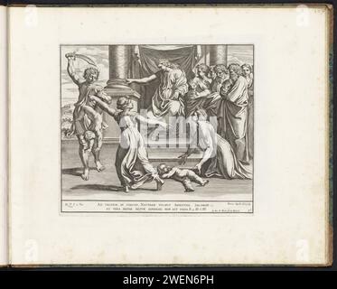 Giudizio di Solomo, Pietro Aquila, dopo Rafaël, stampa del 1675 Re Salomone siede sul suo trono e discute una sentenza su una disputa tra due prostitute che hanno avuto entrambi un figlio. Il bambino che muore giace per terra per Salomone, il bambino che è ancora vivo e rivendicato da entrambe le madri, è tenuto da un uomo con una spada. Quest'uomo è istruito da Salomone di dividere il bambino in due, ma questo spinge la vera madre troppo lontano, lei lo supplica di lasciare che suo figlio viva. Versi della Bibbia sotto lo spettacolo. La stampa fa parte di un album. Carta che incide il giudizio di Salomone (1 Re 3, 16-28) Foto Stock