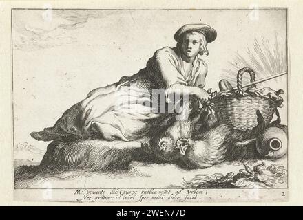 Donna con polli, Cornelis Bloemaert (II), dopo Abraham Bloemaert, dopo la stampa del 1625 circa, Una donna riposa con un cesto e due polli accanto a lei. Incisione su carta Pastorale, Arcadia Scene Foto Stock