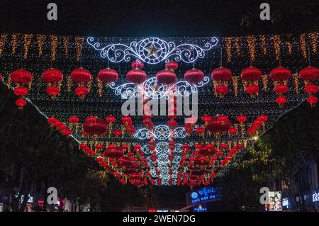 Decorazioni del capodanno cinese, anno del topo. Chbar Ampov, Phnom Penh, Cambogia, Indocina. 25 gennaio 2020. © Kraig Lieb Foto Stock