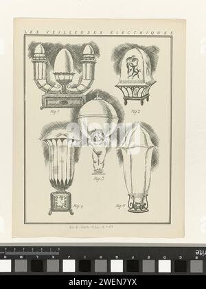 Gazette du Bon tone, 1922 - No. 10. PL. II indietro: Les otdiguses Électrics, David (possibile), 1922 cinque diverse luci notturne. Croquis no II verso dalla Gazette du Bon Ton 1922, n. 10. Spiegazione delle lampade alla pagina "description et explaction des planches horstexte et pages de Croquis". carta letterpress stampa di piatti di moda. lampada elettrica Foto Stock