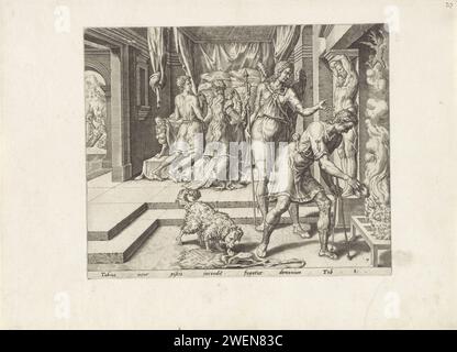 Tobias lancia l'intestino del pesce nel fuoco, Anonimo, dopo Maarten van Heemskerck, stampa del 1556 Tobias getta l'intestino del pesce nel fuoco per espellere il demone da Sara. Dietro di lui l'Arcangelo Rafaël guarda. Sullo sfondo, Tobias e Sara pregano all'inizio della loro notte di nozze. Nella parte posteriore sinistra un uomo guidato da Raguel una tomba, destinata a Tobias. In fondo al margine una didascalia a riga singola in latino da Tobit 8. L'incisione di carta Tobias giace il cuore e il fegato del pesce su carboni luminosi; lo spirito malvagio Asmodeus scompare. Tobias e Sarah pregano. Raguel Diggin Foto Stock