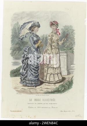 Illustrated Fashion, 1883, No. 24: Toilets of Mrs. Coussinet (...), 1883 due donne in abiti con un tour di Coussinet. Stampa dalla rivista di moda la Mode Illustrée (1860-1937). lastre di moda per incisioni in carta. copricapo: cappello (+ abiti da donna). abito, abito (+ abiti da donna). guanti, guanti, ecc. (+ vestiti da donna). fan (+ vestiti da donna). ombrellone, ombrellone (+ abiti da donna). laghetto con giardino Foto Stock