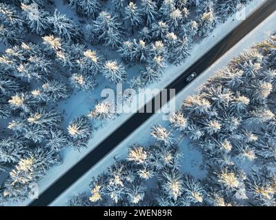 Una vista aerea della foresta innevata con la strada tra alberi sempreverdi delle montagne ceche Foto Stock