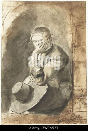 Uomo seduto, Jurriaan Cootwijck, dopo Rembrandt van Rijn, 1724 - 1798 stampa Un uomo è in una nicchia. Sostiene la testa con una mano. Tiene il cappello nell'altra mano. figura seduta di carta (+ maschio adulto (essere umano)) Foto Stock