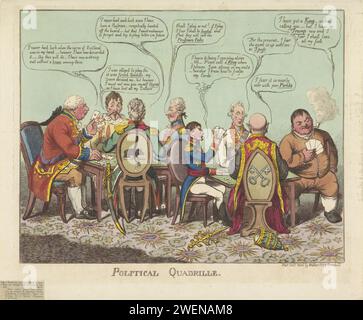 Political Quadrille, 1806, Charles Williams, 1806 stampa due tavoli con quattro giocatori di carte ad ogni tavolo che giocano il gioco di carte Quadrille. A sinistra Frederik Willem III, re di Prussia, zar Alessandro i, re inglese Giorgio III e re spagnolo Carlo IV A destra Napoleone, l'imperatore austriaco Frans II, un olandese e Papa Pio VII L'olandese dice di aver ricevuto un re (Luigi Napoleone) senza chiederlo. Cartone animato sulla situazione politica in Europa nel 1806. Vedi anche il sequel del 1808. carte da gioco incise sulla carta Foto Stock