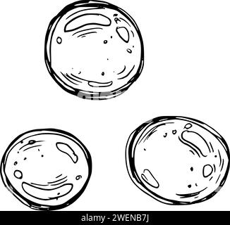 Clipart subacqueo con bolle d'acqua. Illustrazione grafica disegnata a mano con inchiostro nero. Set di oggetti isolati vettore EPS. Illustrazione Vettoriale