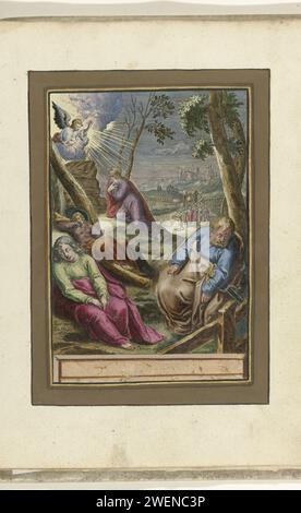 Cristo nella corte del Getsemani, 1596 - 1598 stampa Cristo si inginocchiava in preghiera su una collina. Sopra di lui l'aspetto di un angelo. In primo piano i discepoli dormienti Giovanni, Giacomo e Pietro. Sullo sfondo un gruppo di soldati con torce e lance. Seconda stampa in una serie di spettacoli della storia della sofferenza. La stampa fa parte di un album. Carta che incide la preghiera di Cristo nel Giardino del Getsemani durante la notte. Agonia di Cristo; tre (o undici) apostoli dormono Foto Stock