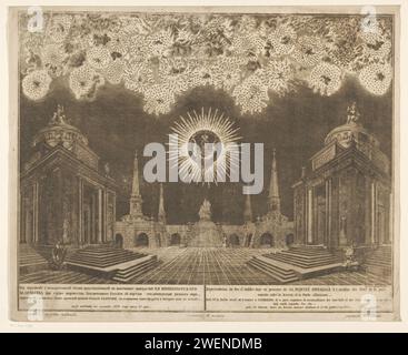 Fuochi d'artificio a Mosca in occasione della celebrazione della fine della guerra russo-turca, 1775 (Acte IV), Emel'ian Alekseevič Fedoseev, 1775 fuochi d'artificio stampati a Mosca in occasione della celebrazione del 23 luglio 1775 dalla fine della guerra russo-turca con la conclusione della Convenzione di Küçük Kaynarca. I fuochi d'artificio sono iniziati alla presenza di Tsarina Catharina la grande. Parte di una serie di tre record con didascalie in russo e in francese. falò per incidere la carta, fuochi d'artificio. Festeggiamenti su eventi di importanza nazionale (+ illuminazione, fuochi d'artificio  attività festive) Mosca Foto Stock