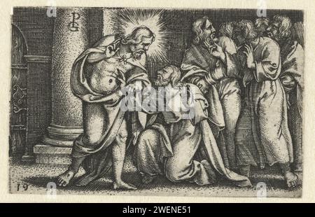 Incredibile Tommaso tocca le ferite Cristo, Georg Pencz, 1534 - 1535 carta stampata che incide Tommaso toccando o allungando le mani per toccare la ferita del lato di Cristo, a volte Cristo guida la mano di Tommaso Foto Stock