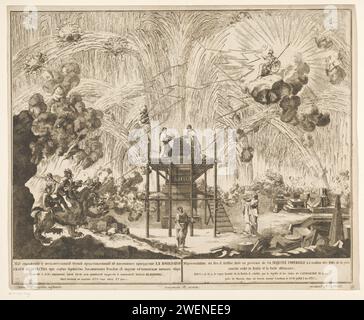 Fuochi d'artificio a Mosca in occasione della celebrazione della fine della guerra russo-turca, 1775 (atti i e II), Emel'ian Alekseevič Fedoseev, 1775 fuochi d'artificio stampati a Mosca in occasione della celebrazione del 23 luglio 1775 dalla fine della guerra russo-turca con la conclusione della Convenzione di Küçük Kaynarca. I fuochi d'artificio sono iniziati alla presenza di Tsarina Catharina la grande. Parte di una serie di tre record con didascalie in russo e in francese. falò per incidere la carta, fuochi d'artificio. Festeggiamenti su eventi di importanza nazionale (+ illuminazione, fuochi d'artificio  attività festive) Mosca Foto Stock