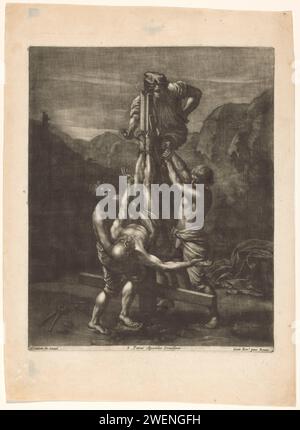 Petrus tortura la morte sul Kruis, Wallerant Vaillant, dopo Guido reni, 1658 - 1677 stampa Pietro viene crocifisso con la testa. Carta Peter crocifisso al contrario Foto Stock