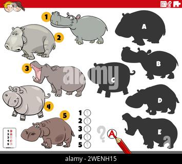 Illustrazione di cartoni animati che mostra come trovare le ombre giuste per le immagini attività didattica con i personaggi degli animali ippopotami Illustrazione Vettoriale