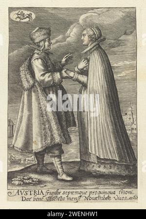 Novembre: Coppia dall'Austria, 1604 - 1670 uomo e moglie, vestiti secondo la moda austriaca di circa 1625. Si tengono per mano l'un l'altro. Una chiesa sullo sfondo. In alto a sinistra il segno del Sagittario. A margine una didascalia bidirezionale in latino sul clima freddo e sull'uomo austriaco indurito. Stampa di una serie con i dodici mesi mostrati dai segni dello zodiaco e delle coppie che indossano abiti provenienti da diversi paesi. Incisione su carta europea (con NOME). vestiti, costume (+ abiti da uomo). vestiti, costume (+ abiti da donna). mantello (+ abiti da donna). collo-ingranaggio  clothi Foto Stock