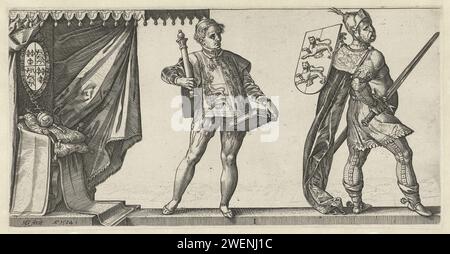 Re Willem il Conquistatore e un Herraut, 1584 stampa a sinistra un trono, sul quale una mela del governo e sopra la quale l'arma dell'Inghilterra; a destra Willem de Conqueror con uno stemma e una spada; tra un Herraut con uno staff in una mano e un libro nell'altra. Un paesaggio vago sullo sfondo. Questa stampa fa parte di una serie di otto parti di stampe di re e regine d'Inghilterra (frontespizio non numerato e sette stampe numerate con due o quattro figure). re per incisione di carta. trono Foto Stock