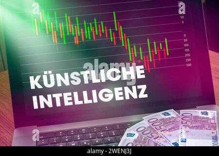 25 gennaio 2024: Computer portatile con tabella di magazzino e le parole intelligenza artificiale sullo schermo. AI trading con azioni e ETF FOTOMONTAGE *** laptop computer mit Aktien Chart und dem Schriftzug Künstliche Intelligenz auf dem Bildschirm. KI Trading mit Aktien und ETF FOTOMONTAGE Foto Stock