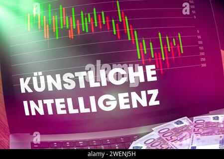 25 gennaio 2024: Computer portatile con tabella di magazzino e le parole intelligenza artificiale sullo schermo. AI trading con azioni e ETF FOTOMONTAGE *** laptop computer mit Aktien Chart und dem Schriftzug Künstliche Intelligenz auf dem Bildschirm. KI Trading mit Aktien und ETF FOTOMONTAGE Foto Stock