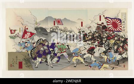 Il grande esercito giapponese suddita la Cina: Occupation of Uiju, stampa del 1894 l'esercito giapponese attacca i soldati cinesi nella provincia di Uiju. Uiju si trova a Noord Corea, vicino al confine con la Manciuria e nei pressi del fiume Yalu. Questo fiume avrebbe attraversato l'esercito nell'ottobre 1894 per invadere la Cina, durante la prima guerra cinese-giapponese (1894-1895). colore carta taglio legno / battaglia lucidatura. montagne Foto Stock