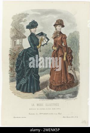 Moda illustrata, 1883, No. 34: Bagni di Mme Bréant Castel (...), 1883 due donne in abiti da trekking con il tour di Bréant Castel. Stampa dalla rivista di moda la Mode Illustrée (1860-1937). lastre di moda per incisioni in carta. copricapo: cappello (+ abiti da donna). abito, abito (+ abiti da donna). guanti, guanti, ecc. (+ vestiti da donna). ombrellone, parasole (+ abiti da donna) Foto Stock