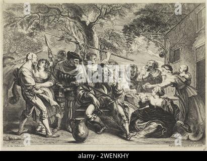 Festeggia contadini e soldati per una locanda, Frans van den Wijngaerde, dopo Peter Paul Rubens, 1636 - 1679 stampa Un gruppo di soldati e agricoltori si è riunito per una locanda. Nel mezzo un uomo alza il bicchiere. Ai suoi piedi c'è una grande brocca. A sinistra, un soldato spara agli uccelli nell'albero. hotel per incisioni/incisioni su carta, ostello, locanda. rissa ubriaca (di solito contadini che combattono in una locanda). caccia agli uccelli. contenitore in vetro: flacone, vaso, vaso Foto Stock